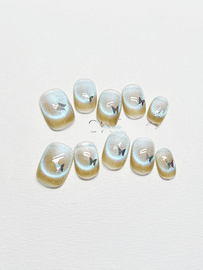 Uñas Postizas Cortas Efecto Ojo de Gato Fluorescente Mariposa - Image 3