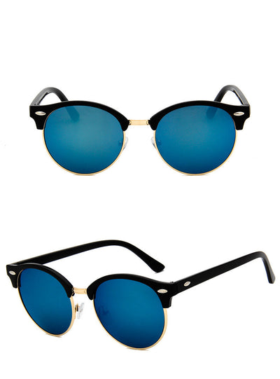 Retro clubmaster sunglasses with black frames, dark lenses, and gold-tone metal accents, shown from multiple angles. - Image 5