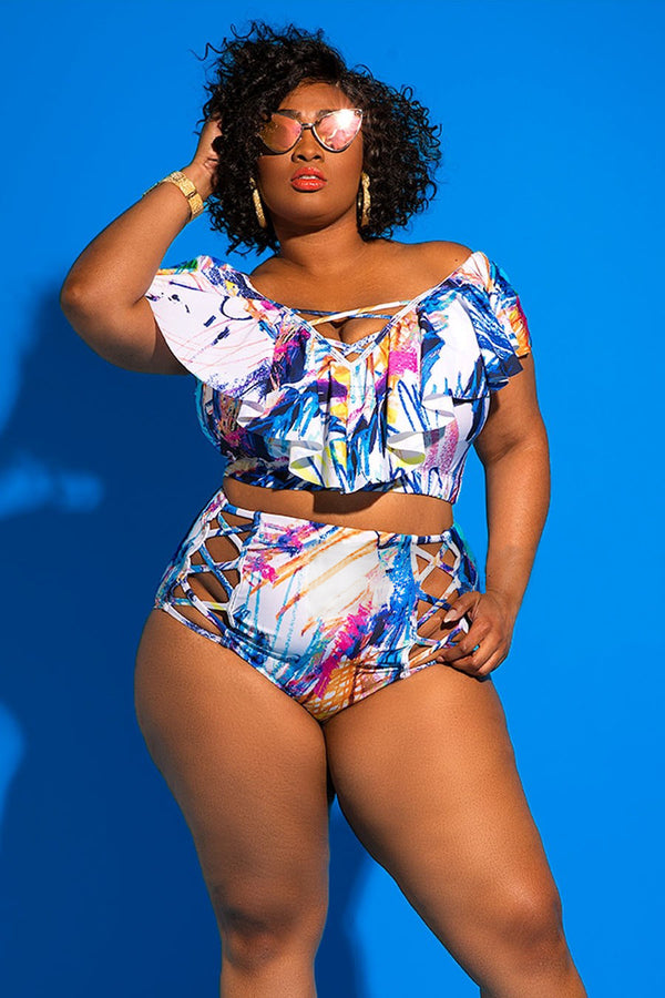Traje de Baño Bikini Talle Alto Estampado con Tirante Único y Cuerdas Ajustables