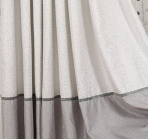 Grey and white two-tone blackout curtains with a sheer polka dot panel, hung on a white grommet rod. - Image 3