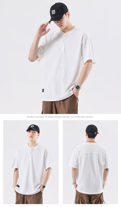 Playera Cuello Henley Básica de Color Sólido para Verano - Image 16