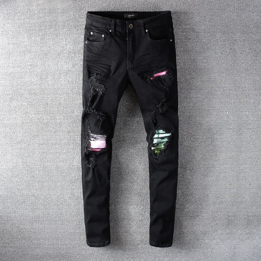 Jeans Skinny Stretch con Roturas y Parches Negros