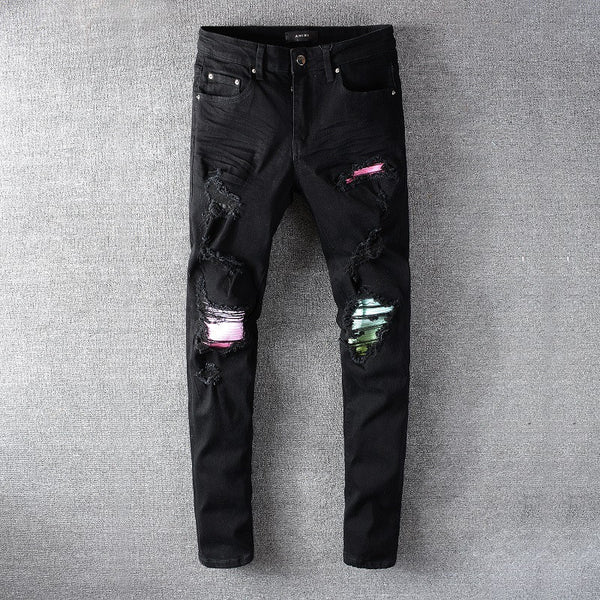 Jeans Skinny Stretch con Roturas y Parches Negros