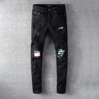 Jeans Skinny Stretch con Roturas y Parches Negros