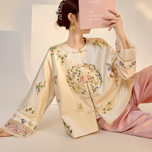 Blusa Larga Estilo Chino Premium con Bordado y Estampado Artesanal