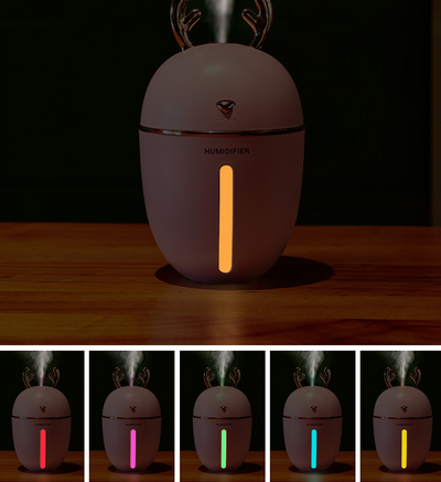 Pink deer-shaped ultrasonic humidifier with gold antlers, a white USB fan, and a white USB light. - Image 7