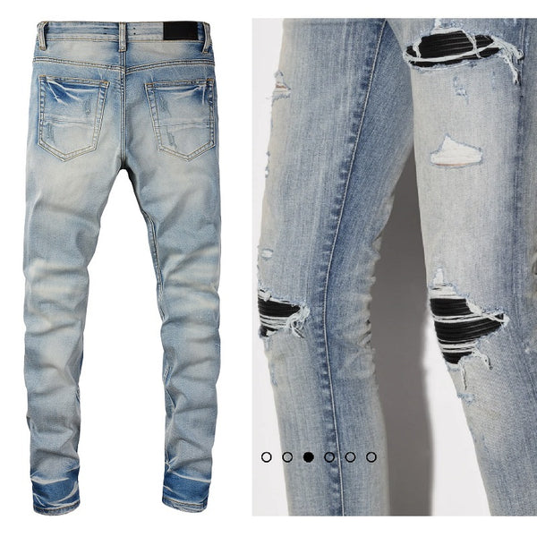 Jeans Azul Claro Rotos con Parches de Cuero Negro para Hombre