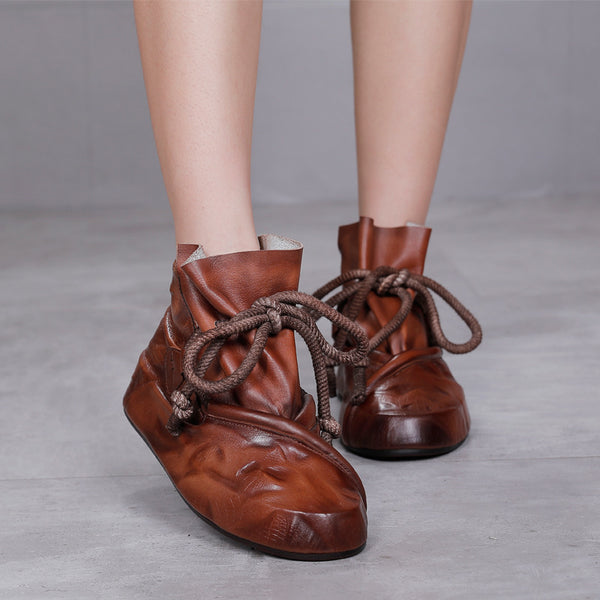 Botas Retro de Cuero y Cáñamo con Punta Redonda en Tonos Nude