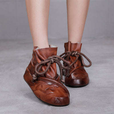 Botas Retro de Cuero y Cáñamo con Punta Redonda en Tonos Nude