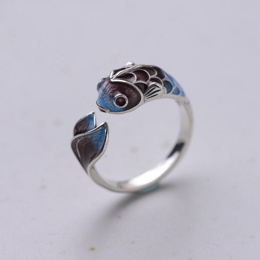 Anillo de Plata S925 Carpa Koi Azul Esmaltado Estilo Retro - Image 2