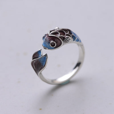 Anillo de Plata S925 Carpa Koi Azul Esmaltado Estilo Retro - Image 2