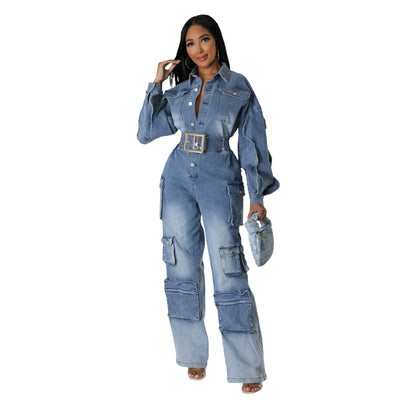 Jumpsuit Denim Overol Lavado Vintage con Múltiples Bolsillos - Image 3
