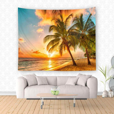 Hawaii Sunset Tapestry featuring a vibrant orange and blue sunset over a tropical beach with palm trees and ocean waves.