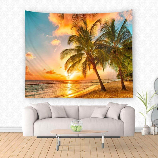 Hawaii Sunset Tapestry featuring a vibrant orange and blue sunset over a tropical beach with palm trees and ocean waves.