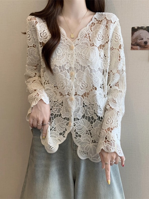 Blusa Larga de Encaje Calado con Mangas Largas para Mujer