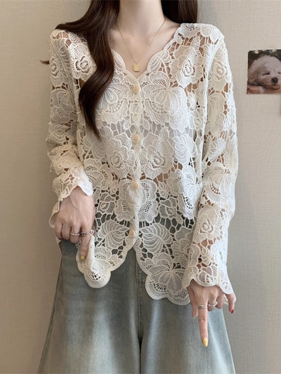 Blusa Larga de Encaje Calado con Mangas Largas para Mujer - Image 2