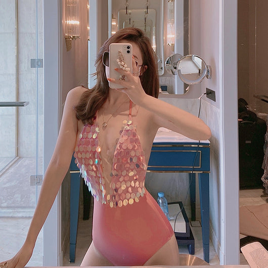 Bikini de Una Pieza Escotado con Lentejuelas y Espalda Descubierta