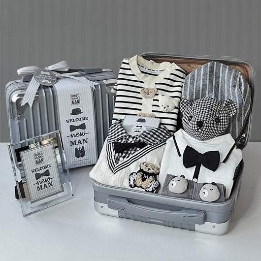 Conjunto de Regalo Elegante para Bebé Niño - Rayas Blancas y Gris