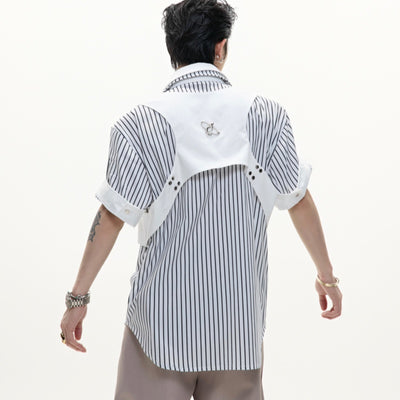 Camisa Rayada Blanco y Negro con Cuello Doble y Efecto Dos Piezas - Image 12