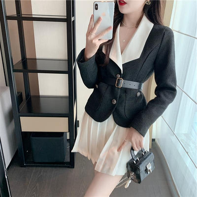 Conjunto de Falda Plisada Alta y Chaqueta Corta con Cinturón - Image 4