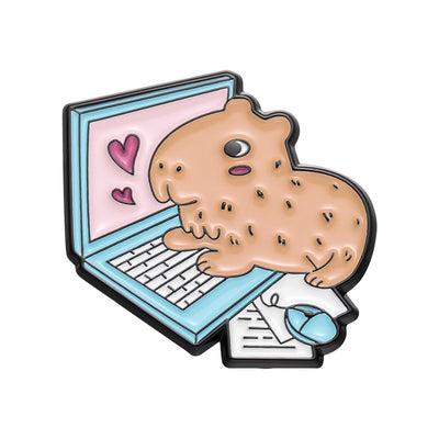 Cute capybara enamel brooch wearing a pink donut with sprinkles and "DONUT WORRY BE CAPPY" text. - Image 34