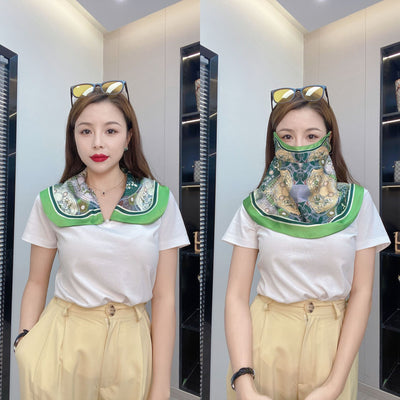 Female cream and black floral polka dot sun protection mask with ear loops, designed for eye corner protection. - Image 10