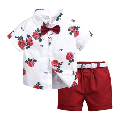 Conjunto de Verano para Niños: Polo Floral Manga Corta con Shorts Rojo