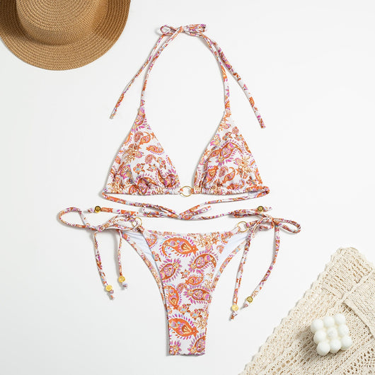 Bikini Estampado Espalda Descubierta con Cordones y Anillos - Image 10