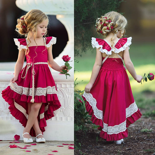 Vestido Infantil Corto con Mangas Volantes y Dobladillo Asimétrico