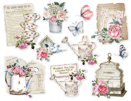 Vintage-style decorative stickers featuring birdcages, teapots, teacups, birds, and pink floral designs for scrapbooking. - Image 2