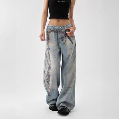 Pantalones Anchos Estilo Retro Americano con Estampado 3D Lavado - Image 3