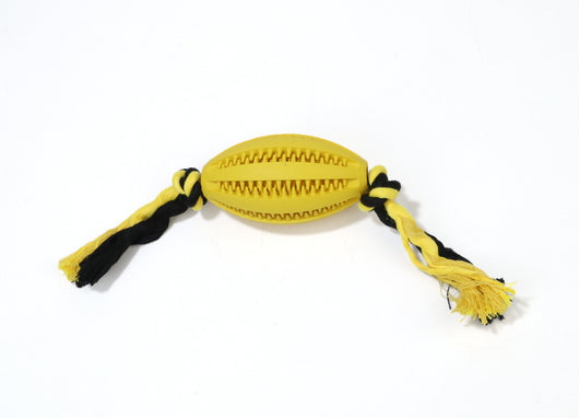 Green rubber pet molar toy with a football shape and textured surface, featuring red and green braided rope knots. - Image 11