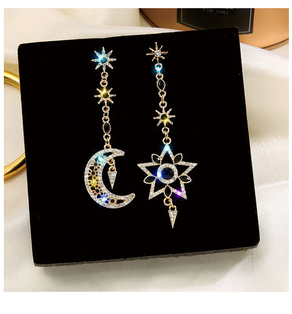 Aretes Largos Asimétricos Sol y Luna Retro para Mujer