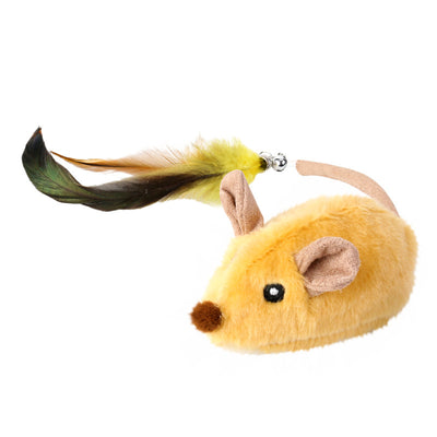 Gray plush electric mouse cat toy with black ears and eyes, featuring a yellow and green feather tail with a bell. Includes a USB charging cable and gift box. - Image 4