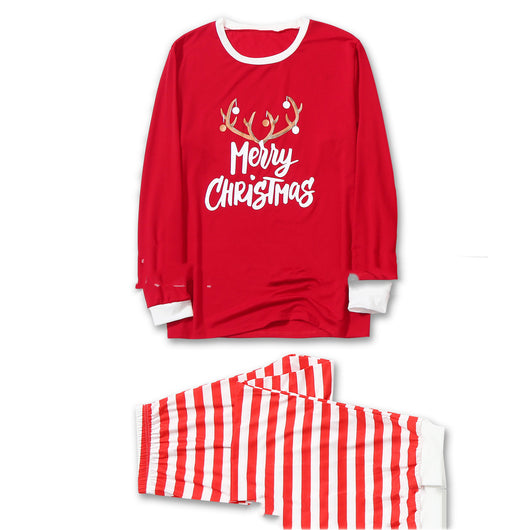 Red and white Christmas pajama set with a long-sleeve top featuring 'Merry Christmas' text and reindeer antlers, paired with striped pants. - Image 2