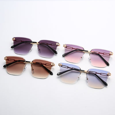 Frameless oversized square sunglasses with brown gradient lenses and gold-tone metal temples, featuring decorative black studs. - Image 3