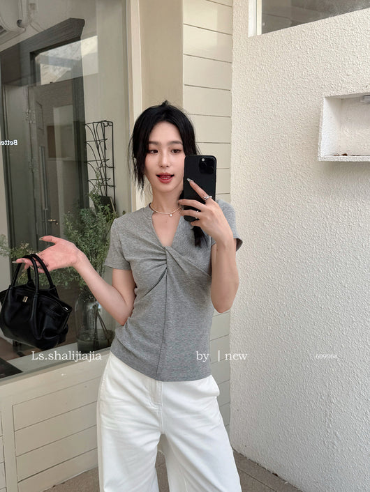 Blusa Básica Mujer con Nudo en V - Camiseta Versátil para Cualquier Ocasión - Image 21
