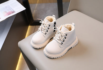 Black children's fashion Martin boots with laces and a side zipper, featuring a thick rubber sole. - Image 37