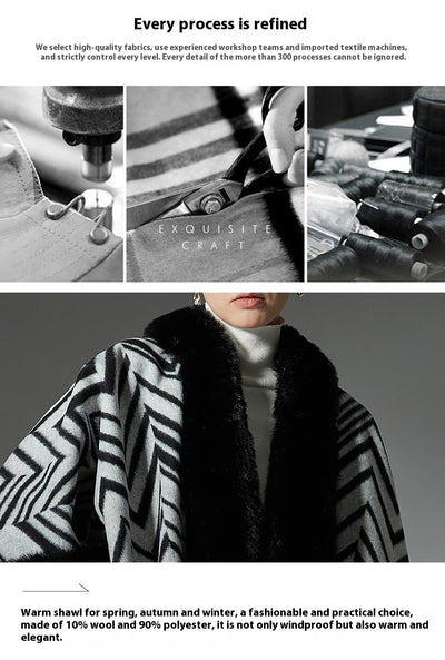 Chal Elegante con Cuello de Piel Jacquard Negro y Gris - Image 15