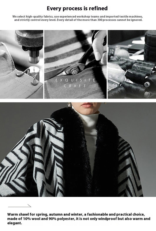 Chal Elegante con Cuello de Piel Jacquard Negro y Gris - Image 15