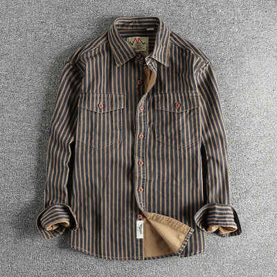 Camisa Manga Larga Hombre Rayas Retro Algodón Tejido Lavado Comfort Casual - Image 6