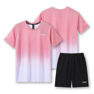 Purple and white gradient short-sleeve t-shirt with 'SPORT' text and black athletic shorts for women. - Image 6