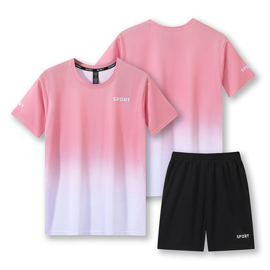 Purple and white gradient short-sleeve t-shirt with 'SPORT' text and black athletic shorts for women. - Image 6
