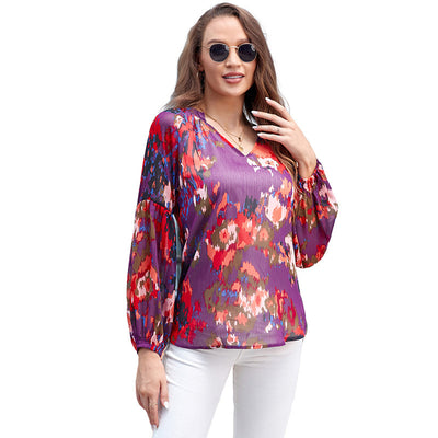 Blusa Floral de Gasa Suelta con Cuello en V - Image 6