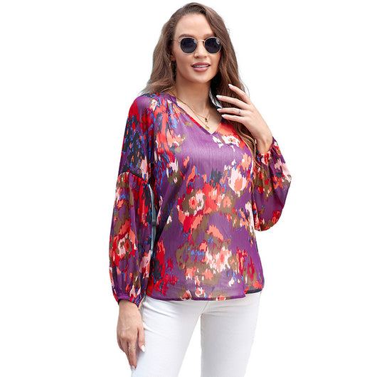 Blusa Floral de Gasa Suelta con Cuello en V - Image 6