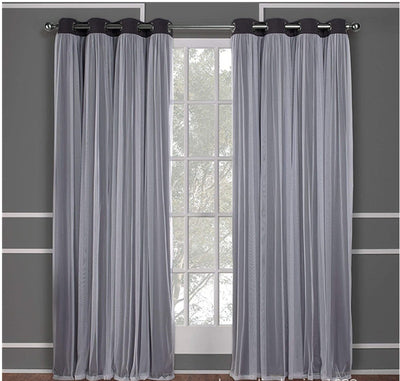 Dark blue double layer shading curtains with white sheer lace overlays, hung on a silver grommet rod. - Image 21