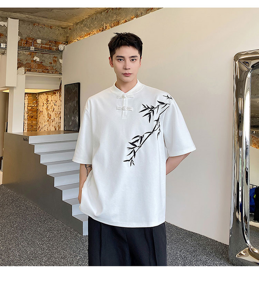 Camisa de Manga Corta con Bordado de Hojas de Bambú para Hombre - Image 30