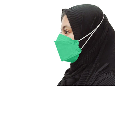 Orange KF94-style headloop face mask worn by an adult with a black hijab, designed for respiratory protection. - Image 9