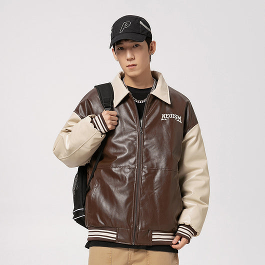 Chaqueta de Cuero PU Estilo Retro Americano con Letras Bordadas para Hombre - Image 3