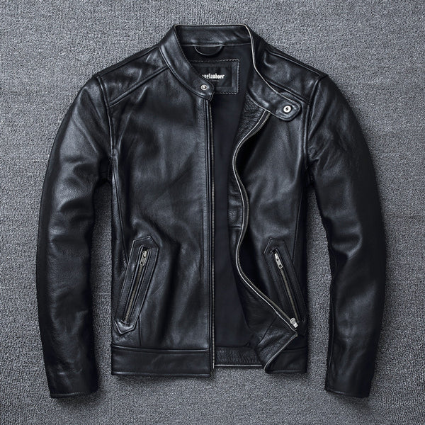 Chaqueta de Cuero Genuino Estilo Retro con Cuello Mao para Hombre